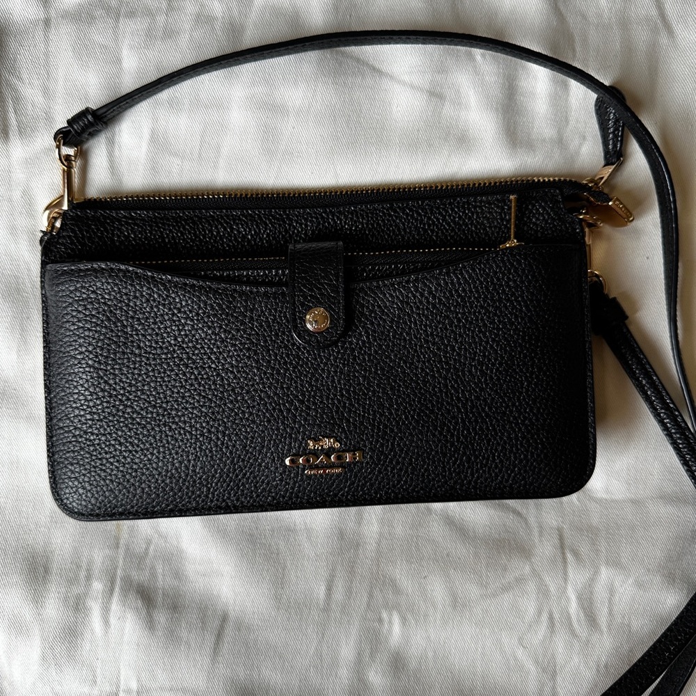 Coach Noa Pop-Up Black Leather Clutch/Crossbody with Gold Accents
